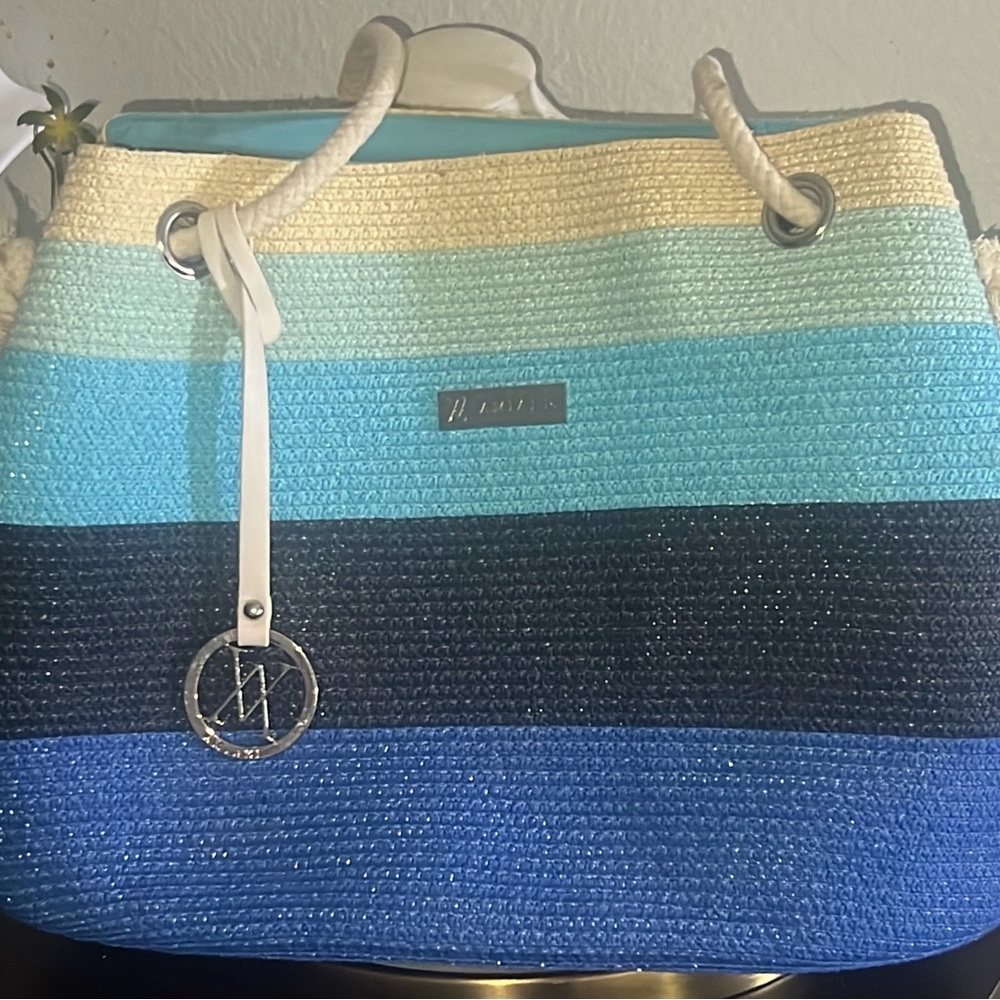 Amiani Beach Tote Striped Jute Design Blue Gradient Colors EUC